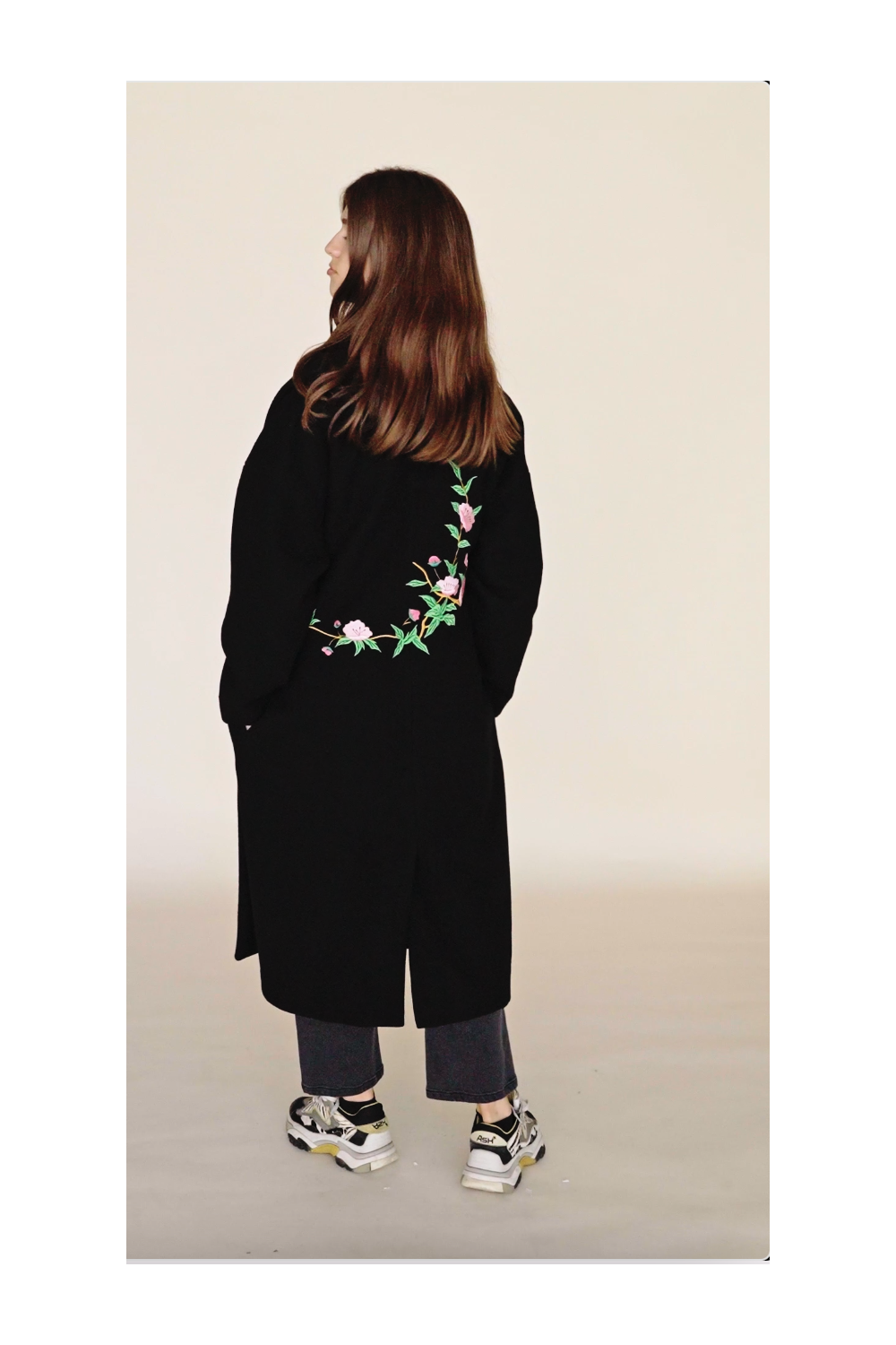 Black coat clearance with embroidered flowers